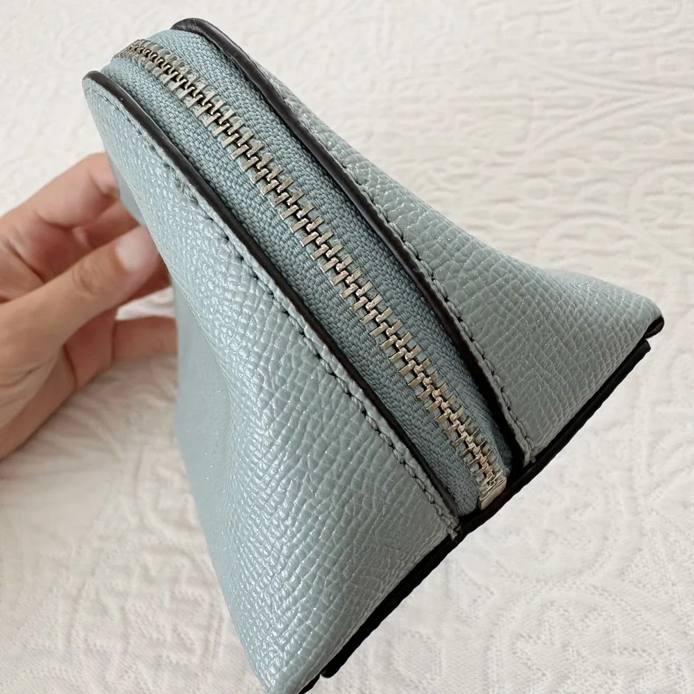 Coach Zippered Leather Makeup Pouch, Sky Blue Silver